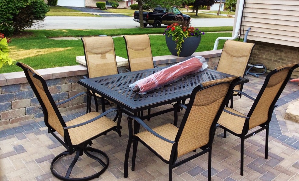 Transmotion Delivery Assembly Installation Relocation of a World Source Patio Furniture South Hampton Collection set South Holland IL Illinois Wisconsin California Washington Michigan Fun Summer Relax Dining Table Chairs Rockers Umbrella Summer Hot Outdoors Backyard
