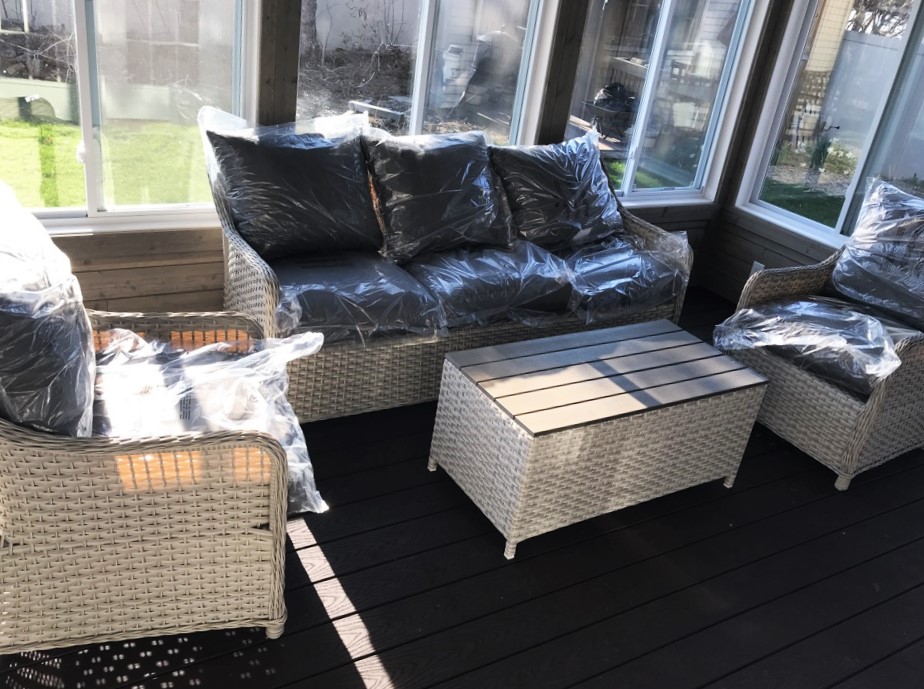 Transmotion Delivery and Assembly of Creative Living Patio Furniture in Griffith IN Indiana Wisconsin Washington California Illinois Summer Patio Home Decor Beutiful cozy comfy Woven