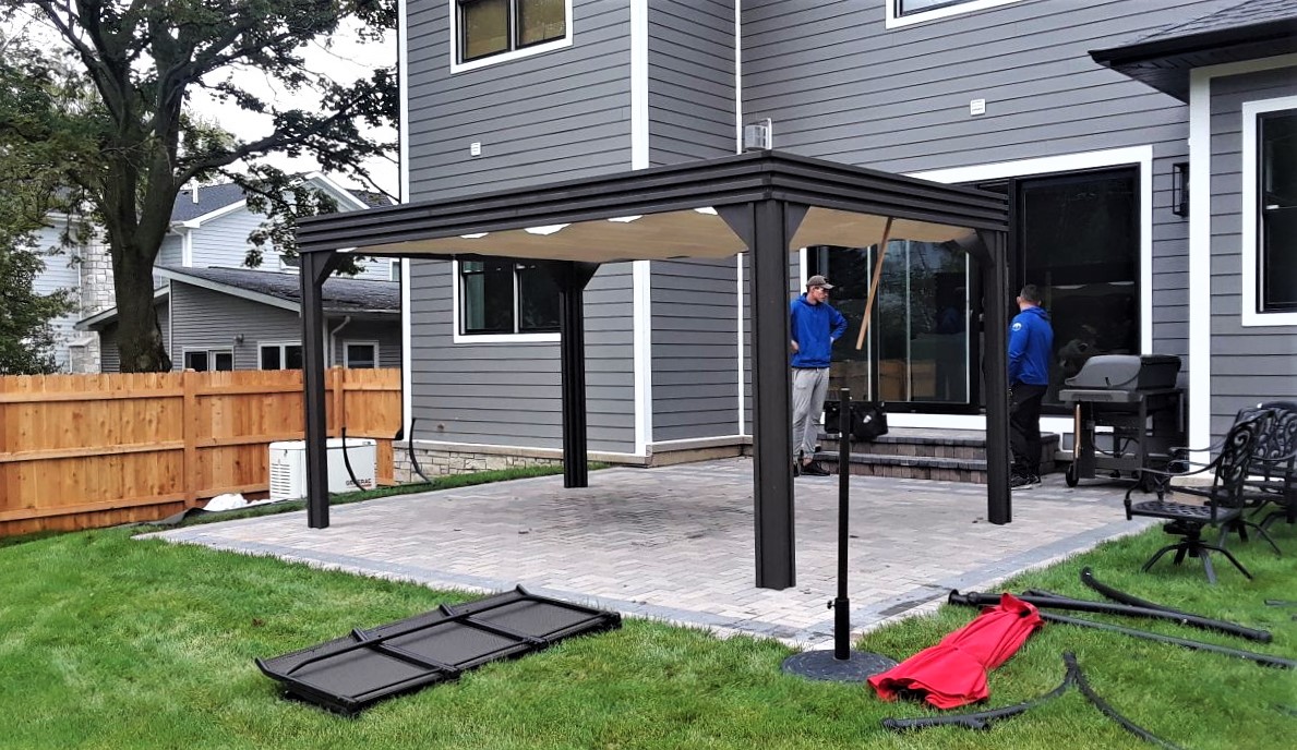 Transmotion Delivery Assembly Installation Relocation of a Visscher 10X14 Valencia Gazebo in Northbrook IL Illinois Indiana Wisconsin Washington Michigan California Outdoors Summer Friends Family Party Fun Relax America