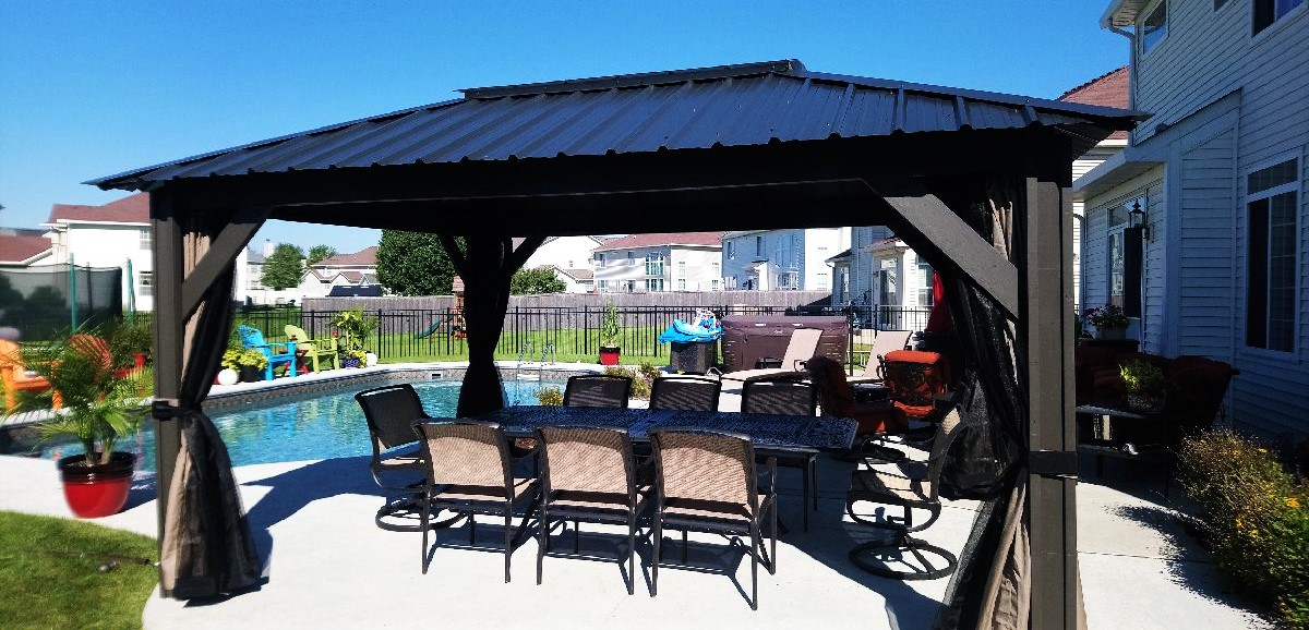 Transmotion Delivery Assembly Installation Relocation of a Visscher 11X14 Verona Gazebo in Plainfield IL Illinois Indiana Wisconsin Washington California Michigan Summer Shade Relax Friends Family Fun Party Summer Backyard Pool Chill Design Yard America United States